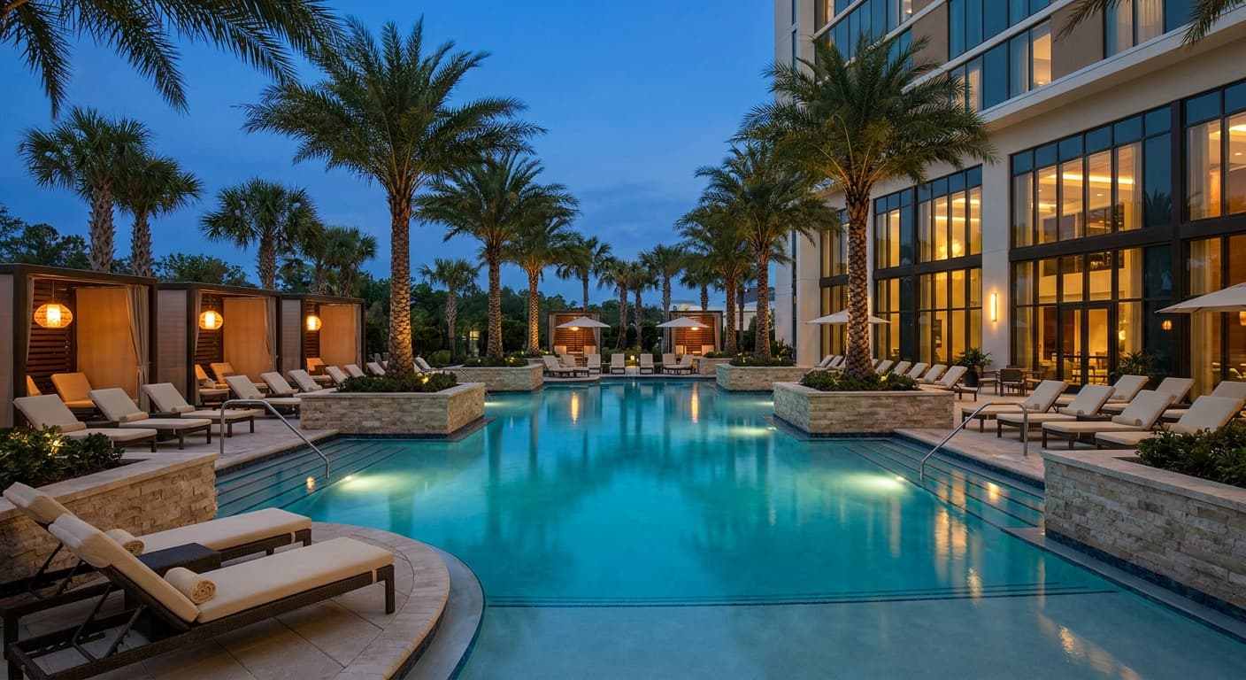 Resort-style commercial pool serviced by Ducky's Pool Care in Orlando