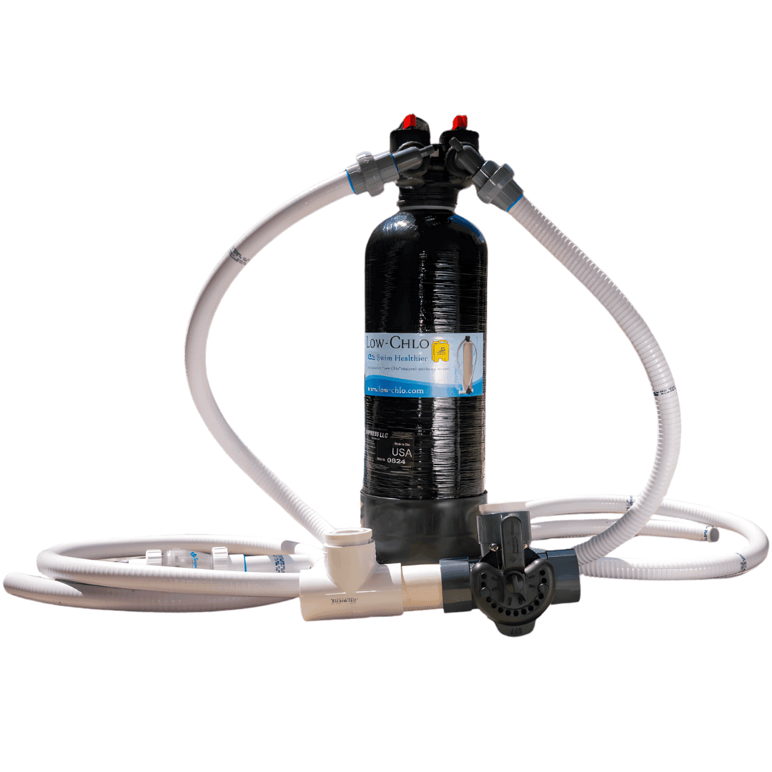The complete Low-Chlo kit: media tank, control valves, and connection hoses.