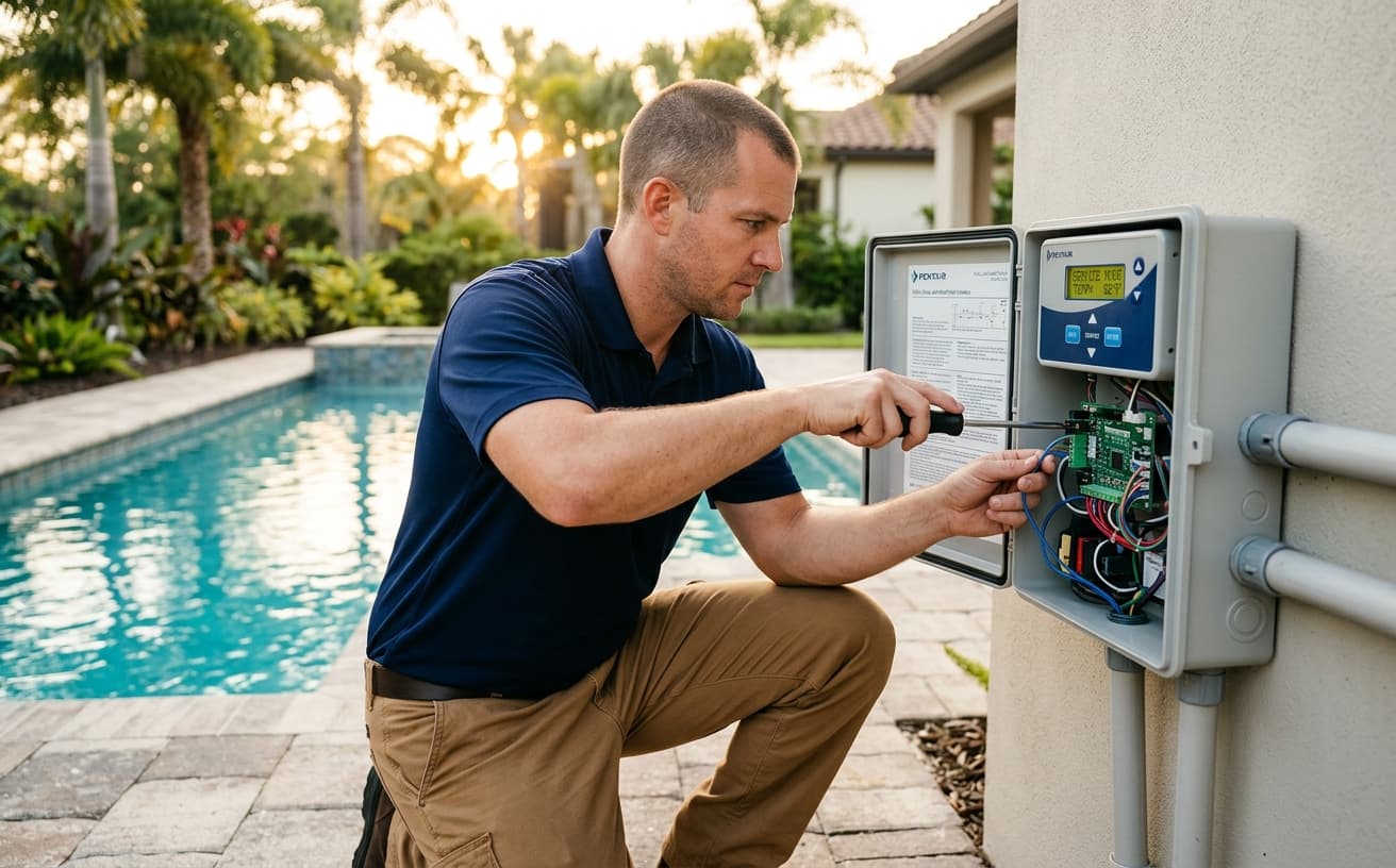 Ducky's Pool Care technician repairing a pool automation control panel beside a residential pool in Florida