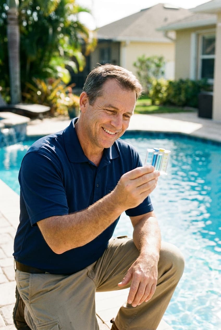 Ducky's Pool Care technician testing pool water
